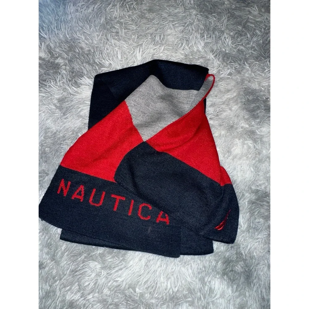 Nautica Knit Scarf Navy Blue Red Grey Colorblock Logo Winter Accessory